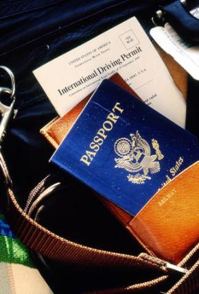 United States passport and international driving permit in travel bag