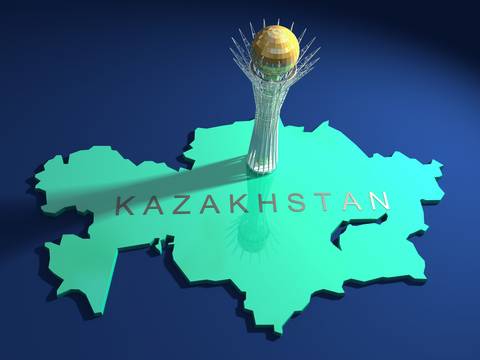 Baiterek tower on a map of Kazakhstan