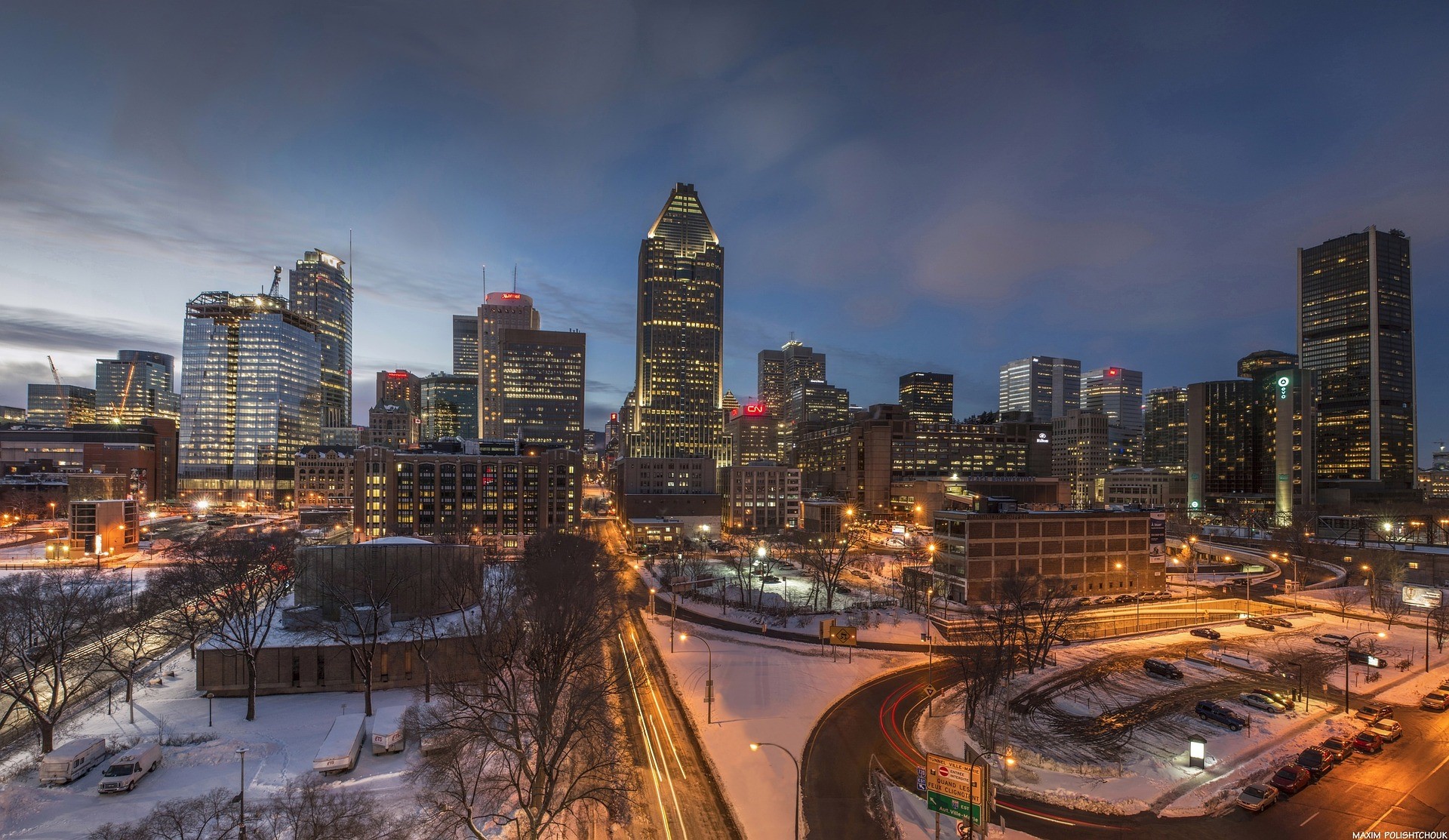 a wintertime view of the Montreal, Quebec skyline at dusk