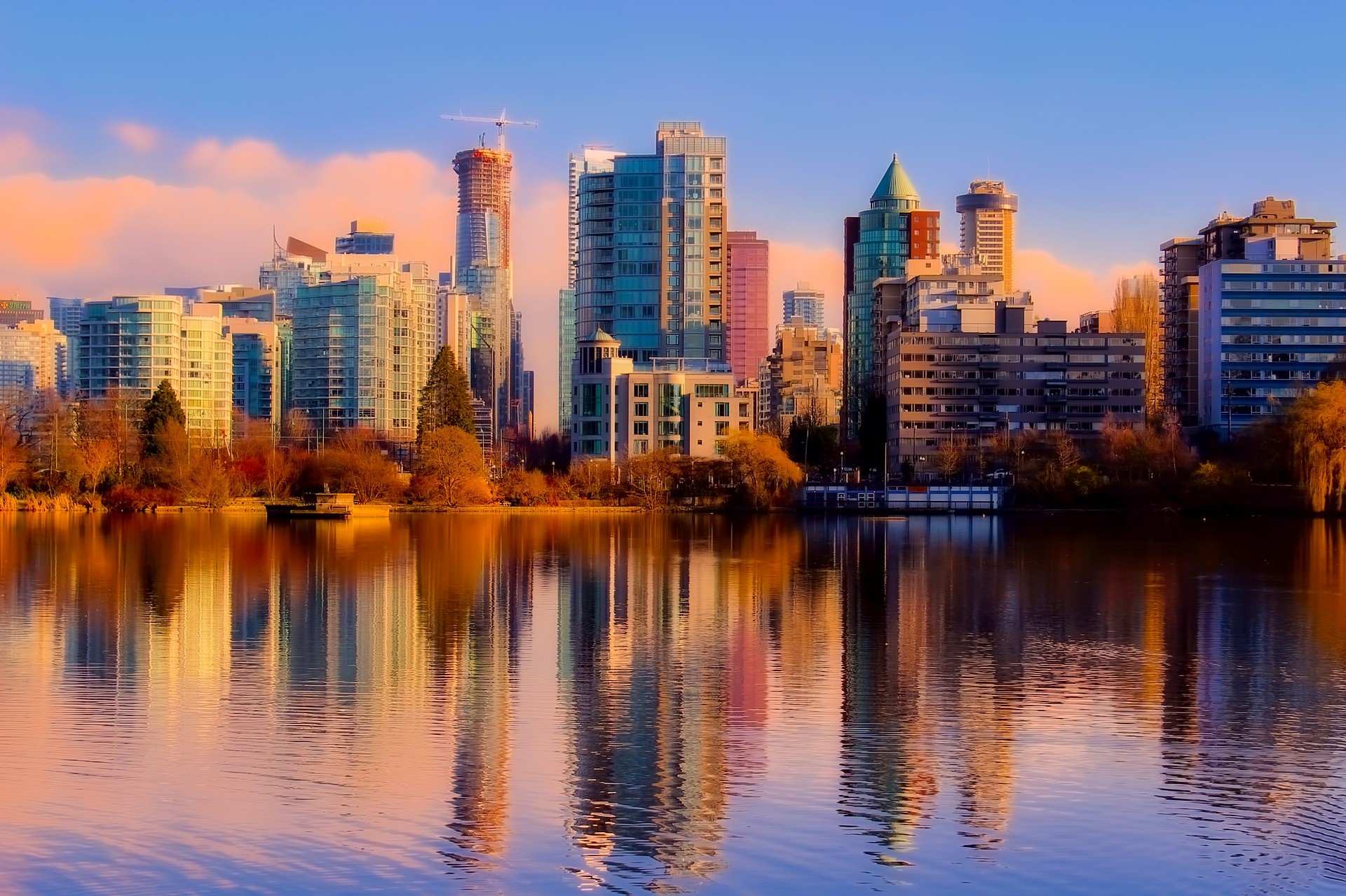 a view of the Vancouver, British Columbia skyline at dusk