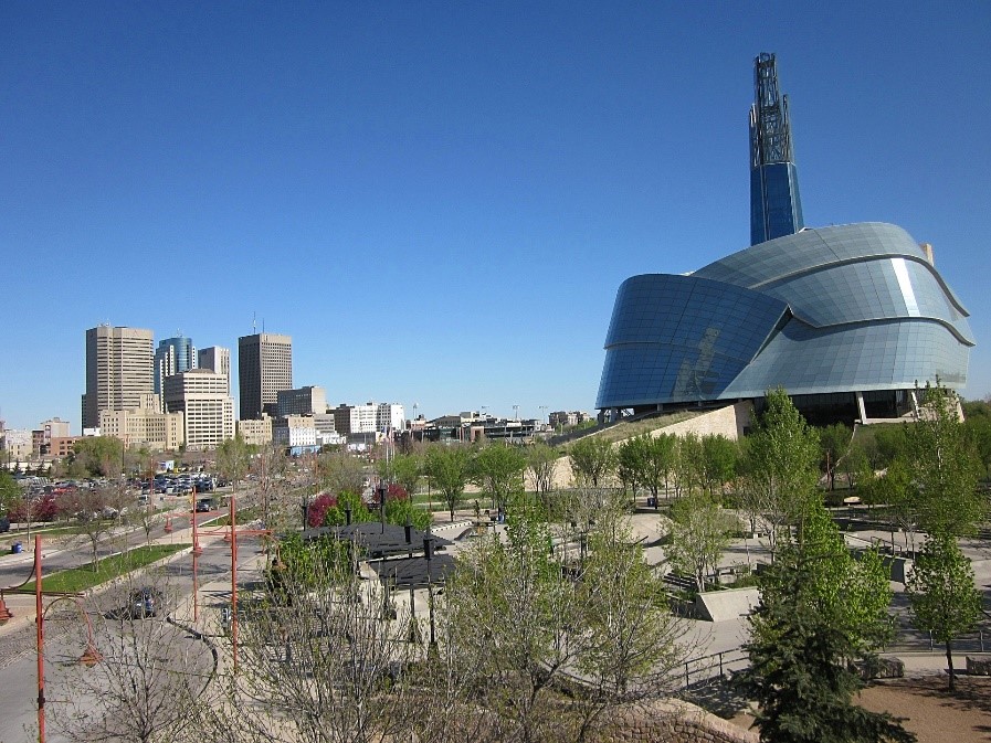 A view of the Canadian Museum for Human Rights and Winnipeg, Manatoba skyline