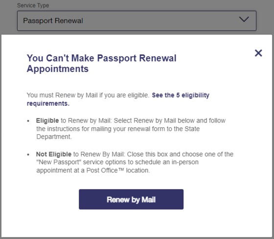 USPS Online Appointment System Step 1 - Passport Renewal
