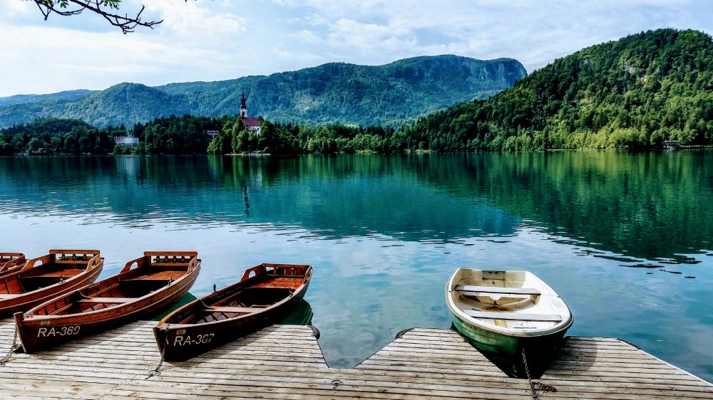 A church on a small island in Lake Bled, Slovenia