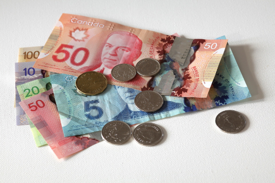a pile of canadian bills and coins on a white surface