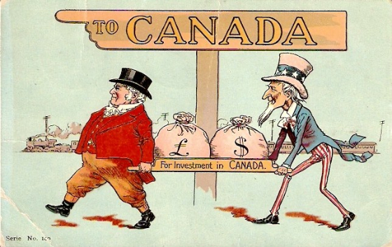 cartoon of men carrying money into canada