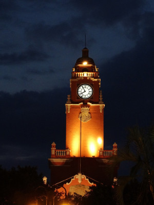 illuminated clock tower at night