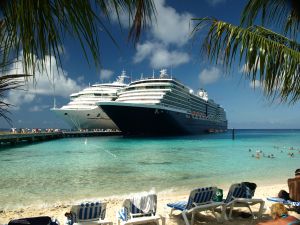 Two cruise ships docked in bay