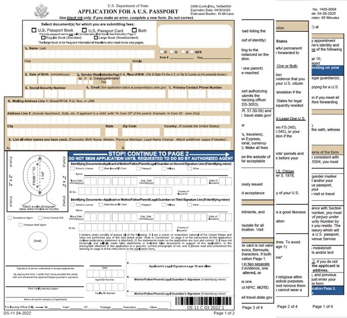 U.S. Passport Application Form DS-11