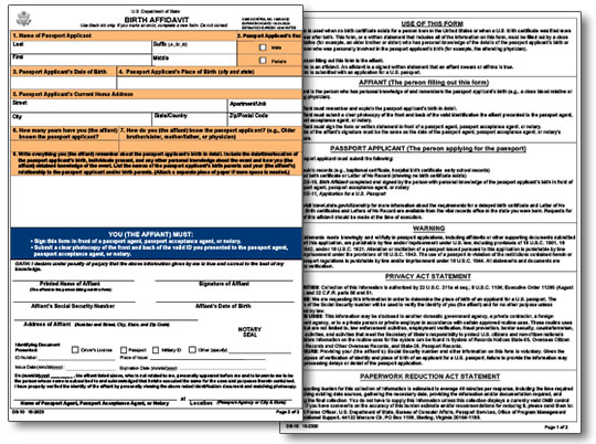 Birth Affidavit DS-10 for United States passport application