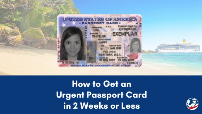 A United States Passport Card in front of a tropical scene with a cruise ship.