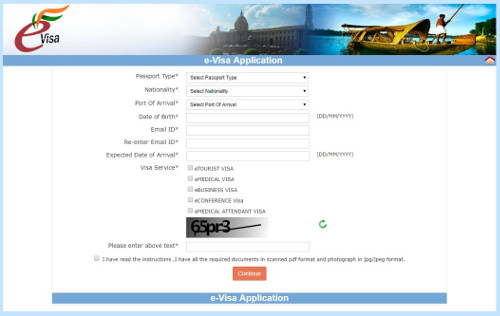 example appication page for an Indian eVisa