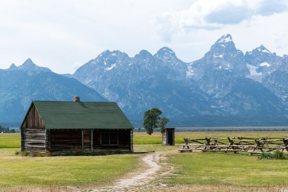 Scenic cabin in front of the Teton Mountains in Jackson Hole Wyoming