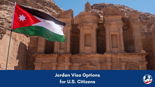 Jordan visa guide - Jordanian flag in front of Petra