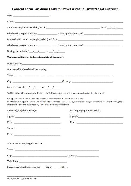Screenshot of the free minor travel consent form from U.S. Passport Service Guide
