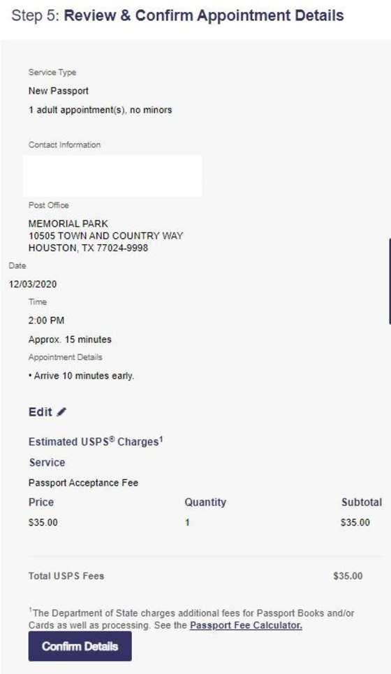 USPS Online Appointment System Step 5 - Review & Confirm Appointment Information