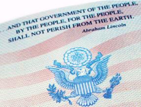 Quote by Abraham Lincoln from Gettysburg Address on inside page of United States Passport.