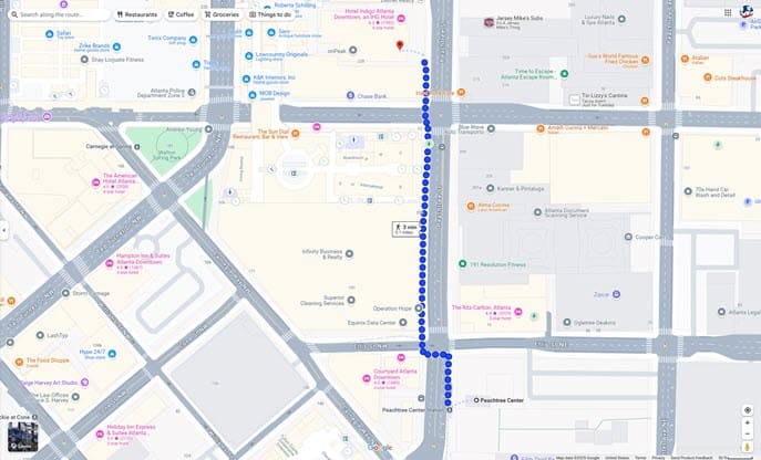 Google maps route from Peachtree Station to Atlanta Passport Agency