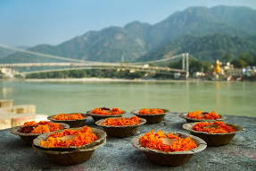 Puja flowers at the bank of Ganges river in Rishikesh India
