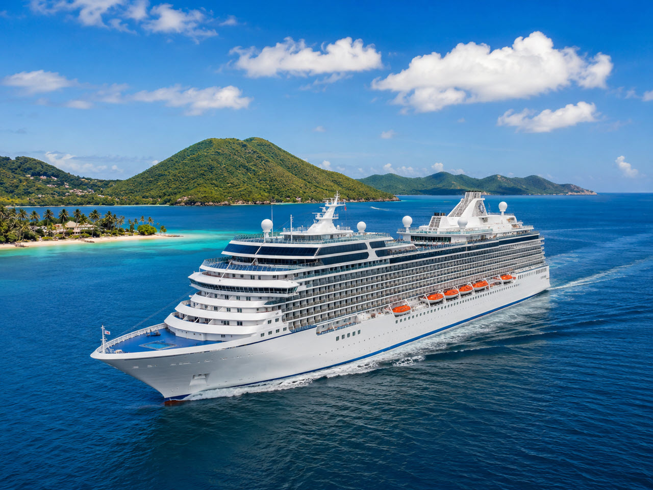 Cruise ship sailing near Caribbean islands