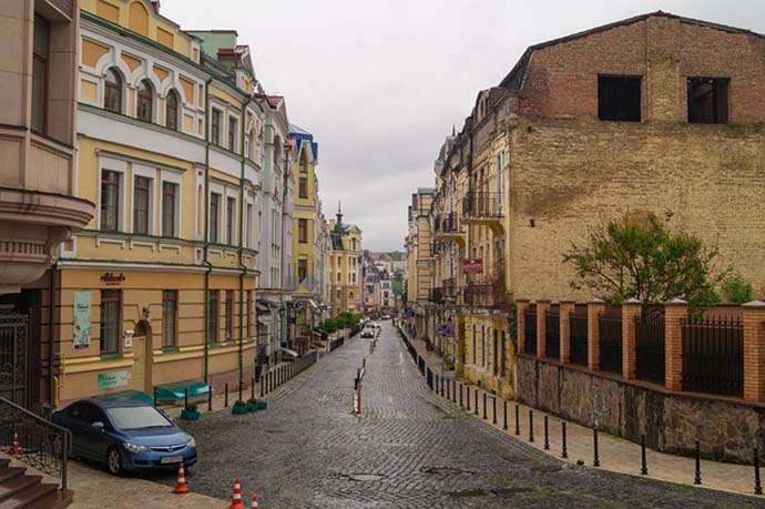 Historical buildilngs along narrow street in Kiev.