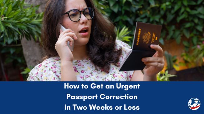 A distressed woman on the phone holding a passport calling about a mistake on her passport that needs to be corrected.