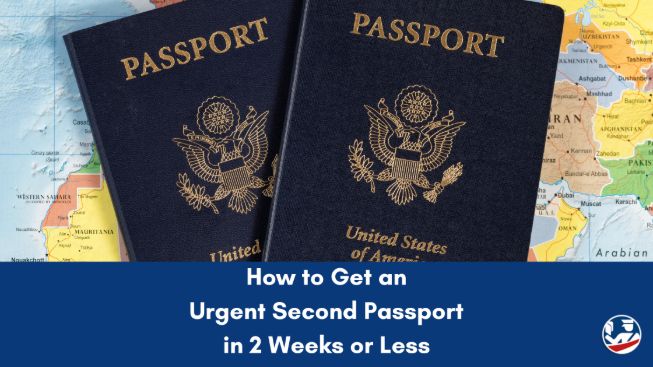 Two dark blue U.S. passport booklets resting on a world map background, with white overlay text reading