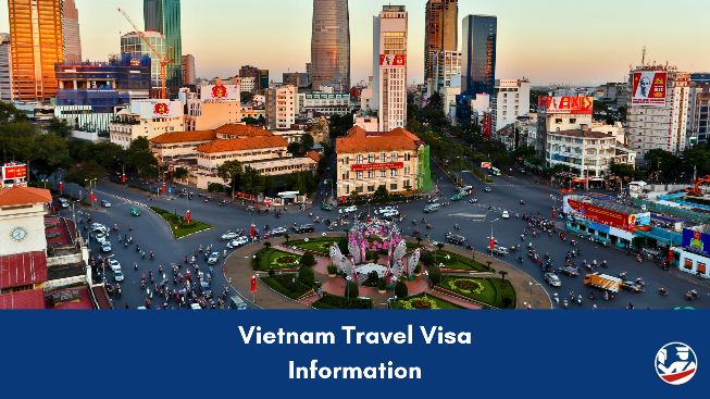 Aerial view of Ho Chi Minh City skyline and traffic circle with text overlay reading Vietnam Travel Visa Information