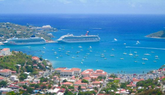 a cruise ship in a carribean port