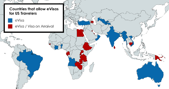 a color-coded map of countries that accept eVisas