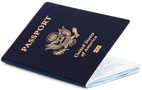 New American passport with epassport symbol and partcially open front cover.