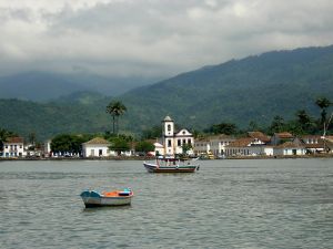 The city of Paraty Brazil at the foot of the Serra do Mar Mountain Range