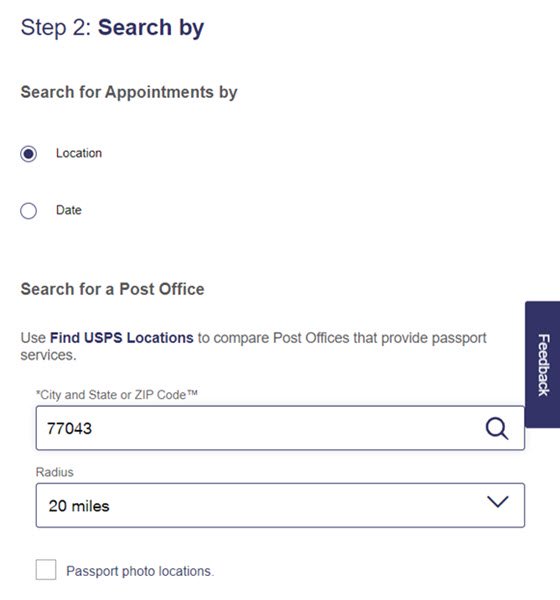 USPS Online Appointment System Step 2 - Search by Location