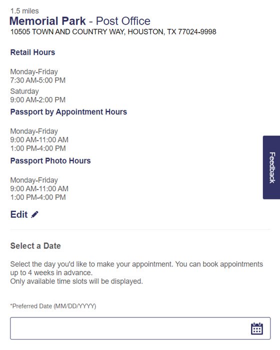 USPS Online Appointment System Step 2 - Select Date