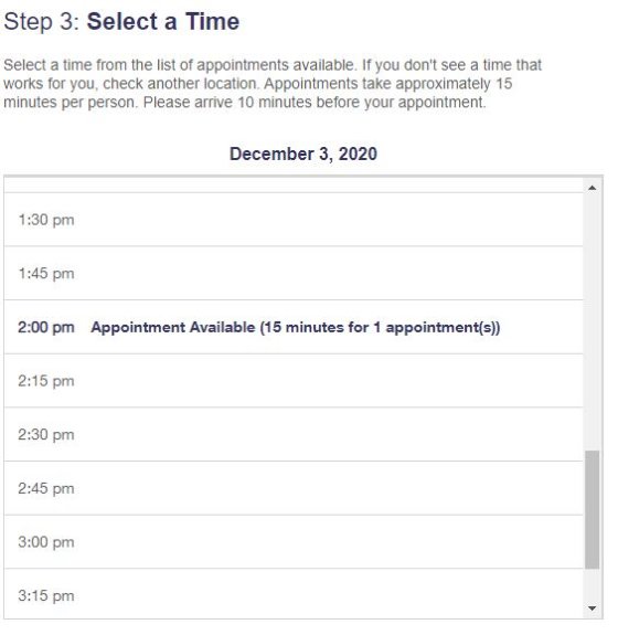 USPS Online Appointment System Step 3 - Select a Time