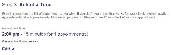 USPS Online Appointment System Step 3 - List of Selected Appointment Times