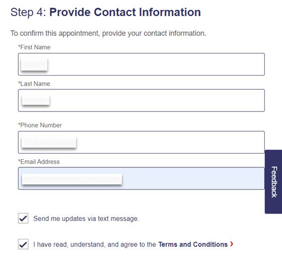USPS Online Appointment System Step 4 - Provide Contact Information