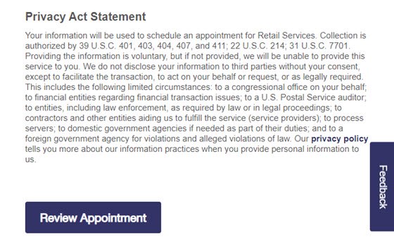 USPS Online Appointment System Step 4 - Privacy Act Statement