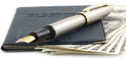Passport, pen and money.