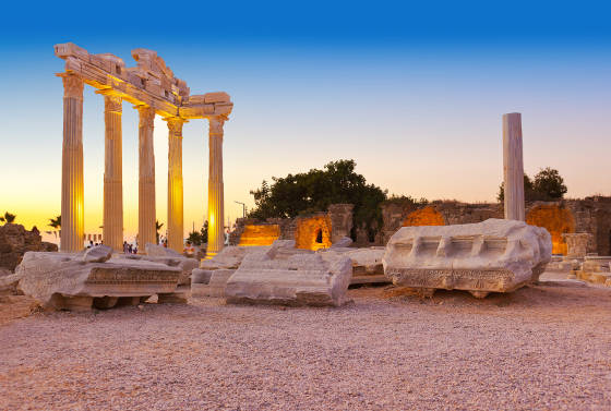 Old ruins in Side, Turkey at sunset