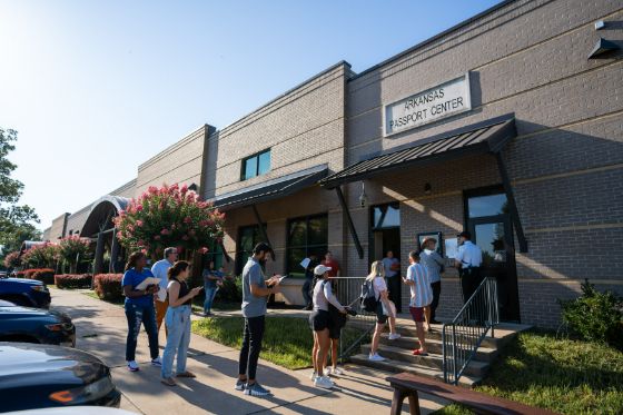 A line in front of the Arkansas Passport Center regional agency location in Arkansas.
