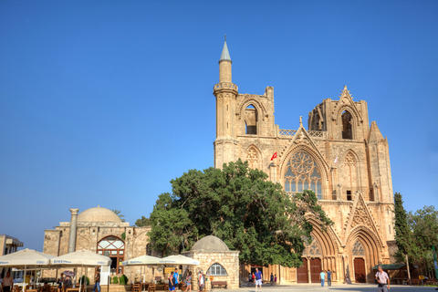 Front view of the Lala Mustafa Pasha Mosque in Famagusta Cyprus originally known as the Saint Nicolas Cathedral and later as the Ayasofya (Saint Sophia) Mosque of Magusa Lala Mustafa Pasha Mosque in Famagusta Cyprus
